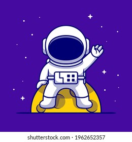 Cute Astronaut Sitting On Moon And Waving Hand Cartoon Vector Icon Illustration. Science Technology Icon Concept Isolated Premium Vector. Flat Cartoon Style