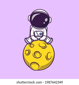 Cute Astronaut sitzend auf dem Mond Cartoon Vektorsymbol Illustration. Science Technology Icon Konzept isolierter Premium-Vektorgrafik. Flachbildkartonstil