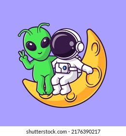 Cute Astronaut Sitting On Moon With Alien Cartoon Vector Icon Illustration. Science Technology Icon Concept Isolated Premium Vector. Flat Cartoon Style