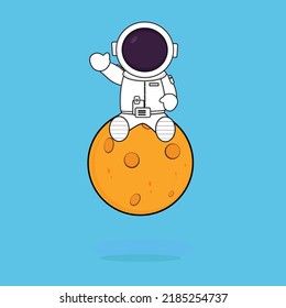cute astronaut sitting on the moon waving