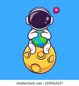 Cute Astronaut Sitting On Moon And Holding Earth Cartoon Vector Icon Illustration. Science Technology Icon Concept Isolated Premium Vector. Flat Cartoon Style