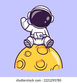 Cute Astronaut Sitting On Moon And Waving Hand Cartoon Vector Icon Illustration. Science Technology Icon Concept Isolated Premium Vector. Flat Cartoon Style