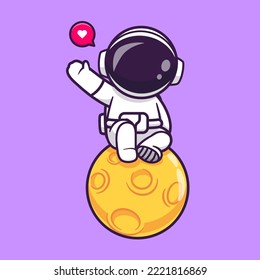 Cute Astronaut Sitting On Moon And Waving Hand Cartoon Vector Icon Illustration. Science Technology Icon Concept Isolated Premium Vector. Flat Cartoon Style