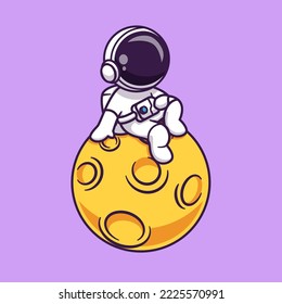 Cute Astronaut Sitting On Moon Cartoon Vector Icon Illustration. Science Technology Icon Concept Isolated Premium Vector. Flat Cartoon Style