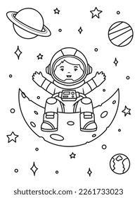 Cute astronaut sitting on the moon coloring book vector the Concept of Isolated Technology. Flat Cartoon Style Suitable for Landing Web Pages,T shirt, Flyers, Stickers