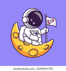 Astronauta Aburrido Sentado En La Luna Con Ilustración Del Icono Del Vector De Caricatura De Cohetes De Bandera. Concepto de icono de la tecnología de la ciencia Vector Premium aislado. Estilo de dibujo plano