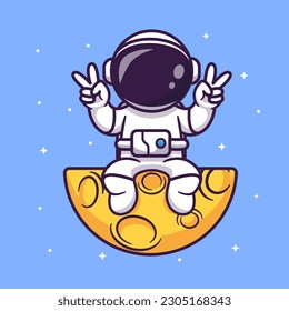 Cute Astronaut sitzend auf dem Mond mit der Hand Cartoon Vektorsymbol Illustration. Science Technology Icon Konzept isolierter Premium-Vektorgrafik. Flachbildkartonstil