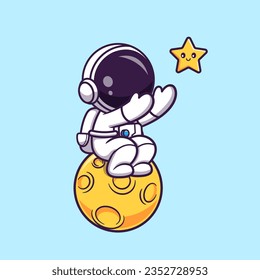 Cute Astronaut Sitting On Moon With Star Cartoon Vector Icon Illustration. Science Technology Icon Concept Isolated Premium Vector. Flat Cartoon Style