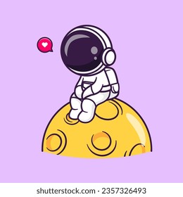 Cute Astronaut Sitting On Moon Cartoon Vector Icon Illustration. Science Technology Icon Concept Isolated Premium Vector. Flat Cartoon Style