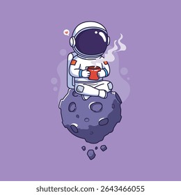 Cute Astronaut sitting on the moon and drinking coffee. Vector illustration.	
