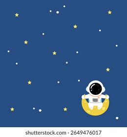 Cute Astronaut Sitting on the Moon Vector – Space Kid Illustration with Starry Sky Background