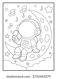Cute Astronaut Sitting on the Moon Coloring Page for Kids and Adults. Happy Space Explorer Eating Ice Cream with Musical Notes and Stars.
