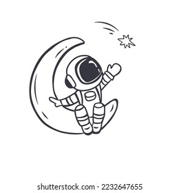 cute astronaut sitting on the moon.Doodle.Vector illustration