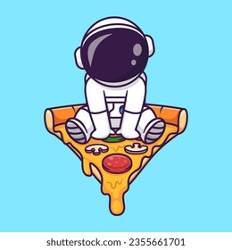 Cute Astronaut Sitting on Pizza Cartoon Vector Icon Illustration. Science Food Icon Concept Isolated Premium Vector. Flat Cartoon Style