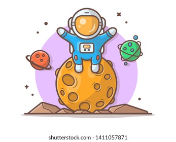 Cute Astronaut Sitting on with Planet Space Vector Illustration. Flat Cartoon Style Suitable for Web Landing Page,  Banner, Flyer, Sticker, Wallpaper, Card, Background
