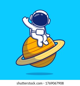 Cute Astronaut Sitting On Planet Waving Hand Cartoon Vector Icon Illustration. Space Icon Concept Isolated Premium Vector. Flat Cartoon Style 