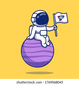 Cute Astronaut Sitting On Planet Holding Flag Cartoon Vector Icon Illustration. Space Icon Concept Isolated Premium Vector. Flat Cartoon Style 