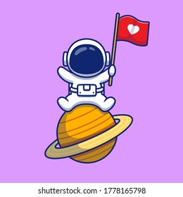 Cute Astronaut Sitting On Planet With Love Flag Cartoon Vector Icon Illustration. People Science Icon Concept Isolated Premium Vector. Flat Cartoon Style