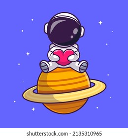 Cute Astronaut Sitting On Planet With Love Heart Cartoon Vector Icon Illustration. Science Technology Icon Concept Isolated Premium Vector. Flat Cartoon Style