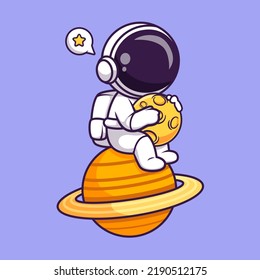 Cute Astronaut Sitting On Planet And Holding Moon Cartoon Vector Icon Illustration. Science Technology Icon Concept Isolated Premium Vector. Flat Cartoon Style