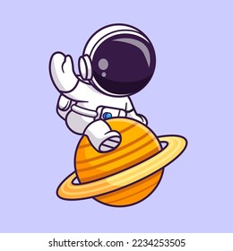 Cute Astronaut Sitting On Planet And Waving Hand Cartoon Vector Icon Illustration. Science Technology Icon Concept Isolated Premium Vector. Flat Cartoon Style