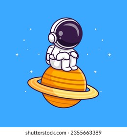 Astronauta Cuidada Sentada En Ilustración Del Icono Del Vector De Dibujo Planetario. Concepto de icono de la tecnología de la ciencia Vector Premium aislado. Estilo de dibujo plano