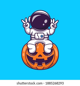 Cute Astronaut Sitting On Pumpkin Halloween With Peace Hand Cartoon Vector Icon Illustration. Science Holiday Icon Concept Isolated Premium Vector. Flat Cartoon Style