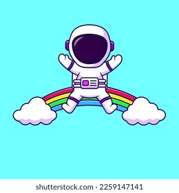 Cute Astronaut Sitting On Rainbow Cloud Cartoon Vector Icons Illustration. Flat Cartoon Concept. Suitable for any creative project.