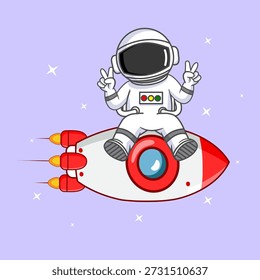 Lindo astronauta sentado en un cohete haciendo Iniciar sesión de la paz su Ilustración vectorial de mano 