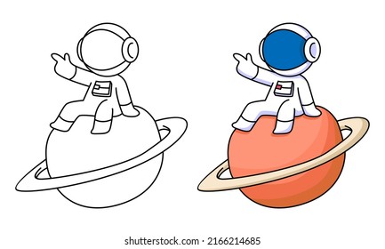 cute astronaut sitting on saturn planet coloring page for kids