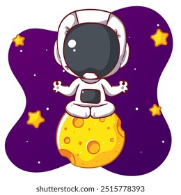 Astronauta bonito sentado em Saturno personagem de desenho animado. Espaço e design de conceito de ciência. Desenhado à mão ilustração de vetor chibi adorável plana. Ícone logotipo mascote isolado fundo.