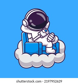 Cute Astronaut Sitting On Sofa Cloud Cartoon Vector Icon Illustration Science Technology Icon Concept Isolated Premium Vector. Flat Cartoon Style