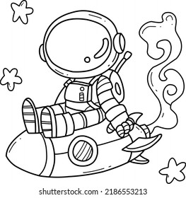 Cute astronaut sitting on spaceship hand drawn coloring book cartoon isolated on white