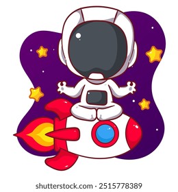 Cute astronaut sitting on spaceship cartoon character. Space and science concept design. Hand drawn flat adorable chibi vector illustration. Icon logo mascot isolated background.