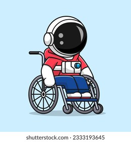 Cute Astronaut Sitting On Wheelchair Cartoon Vector Icon Illustration. Science Medical Icon Concept Isolated Premium Vector. Flat Cartoon Style