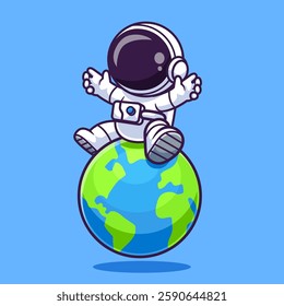 Cute Astronaut Sitting On World Globe Earth Cartoon Vector Icon Illustration. Science Technology Icon Concept Isolated Premium Vector. Flat Cartoon Style