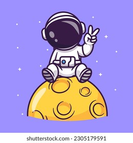 Cute Astronaut Sitting And Peace Hand On Moon Cartoon Vector Icon Illustration. Science Technology Icon Concept Isolated Premium Vector. Flat Cartoon Style