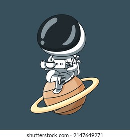 Cute Astronaut sitting in planet while drink a cup of cofee Cartoon Vector Icon Illustration. Science Technology Icon Concept Isolated Premium Vector. Flat Cartoon Style