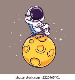 Cute Astronaut Sitting And Relaxation On Moon Cartoon Vector Icon Illustration. Science Technology Icon Concept Isolated Premium Vector. Flat Cartoon Style