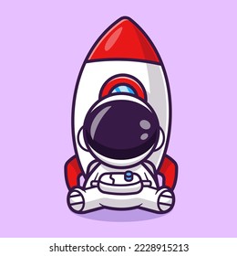 Cute Astronaut Sitting With Rocket Cartoon Vector Icon Illustration. Science Technology Icon Concept Isolated Premium Vector. Flat Cartoon Style