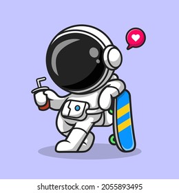 Cute Astronaut With Skateboard And Soda Cartoon Vector Icon Illustration. Sport Science Icon Concept Isolated Premium Vector. Flat Cartoon Style