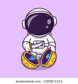 Cute Astronaut Slash Moon Space With Knife Cartoon Vector Icon Illustration. Science Technology Icon Concept Isolated Premium Vector. Flat Cartoon Style