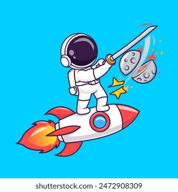 Cute Astronaut Slash Moon And Star With Sword On Rocket Cartoon Vector Icon Illustration. Science Technology Icon Concept Isolated Premium Vector. Flat Cartoon Style