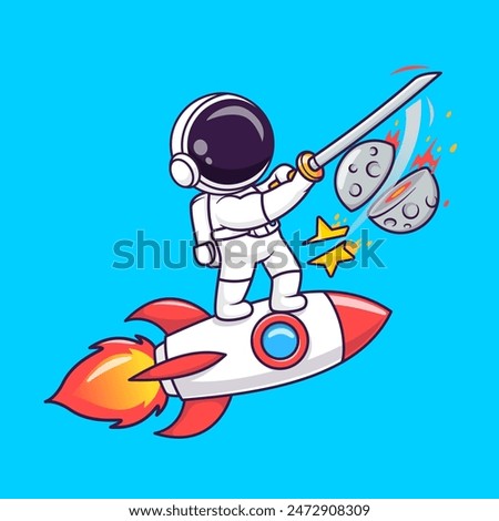 Cute Astronaut Slash Moon And Star With Sword On Rocket Cartoon Vector Icon Illustration. Science Technology Icon Concept Isolated Premium Vector. Flat Cartoon Style