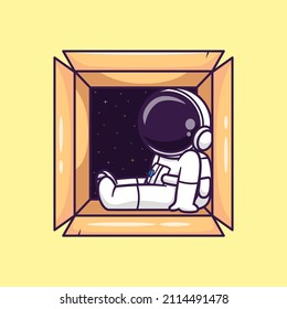 Cute Astronaut Sleeping In Box Cartoon Vector Icon Illustration. Science Technology Icon Concept Isolated Premium Vector. Flat Cartoon Style