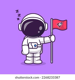 Cute Astronaut Sleeping And Holding Rocket Flag Cartoon Vector Icon Illustration. Science Technology Icon Concept Isolated Premium Vector. Flat Cartoon Style