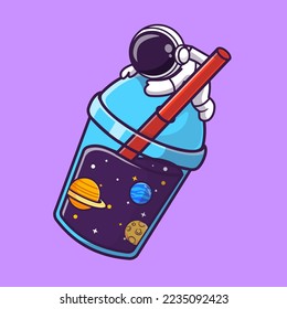 Astronauta Astronauta Ahogándose En La Ilustración Del Icono Del Vector Del Té Leche Boba. Concepto de icono de bebida científica Vector Premium aislado. Estilo de dibujo plano