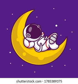 Cute Astronaut Sleeping On The Moon Cartoon Vector Icon Illustration. People Science Space Icon Concept Isolated Premium Vector. Flat Cartoon Style