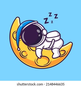 Cute Astronaut Sleeping On Moon Wearing Beanie Hat Cartoon Vector Icon Illustration. Science Technology Icon Concept Isolated Premium Vector. Flat Cartoon Style