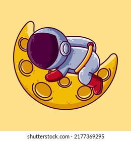 Cute Astronaut Sleeping on The Moon Cartoon Vector Illustration. Cartoon Style Icon or Mascot Character Vector.